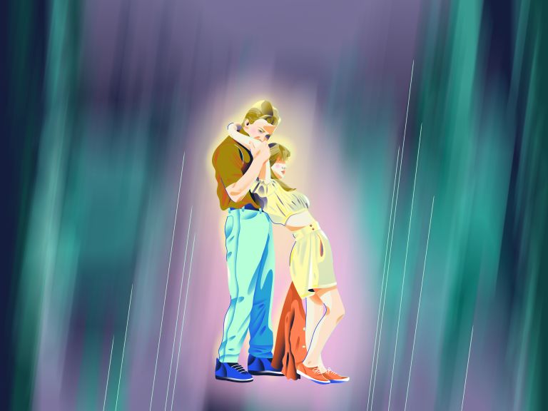 illustration Étreinte romantique sous la pluie (32 caractères)