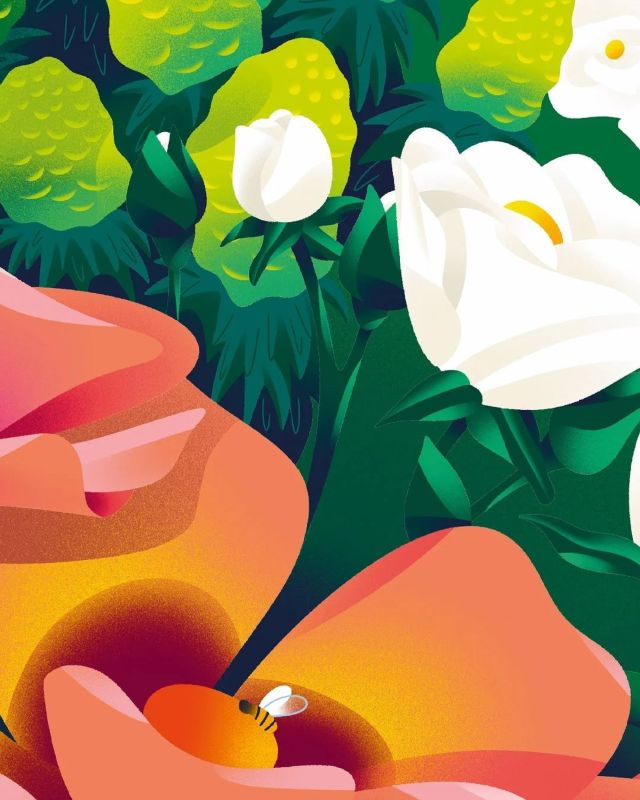 illustration Jardin Floral Animé par une Abeille