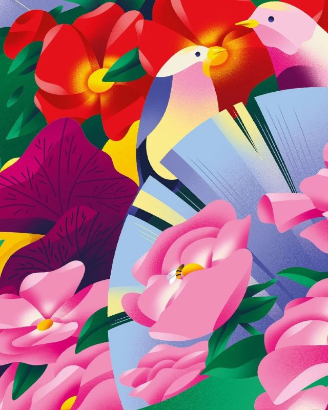 illustration Jardin Floral aux Oiseaux Enchantés (32 caractères)